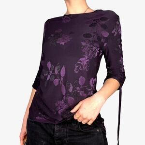 Purple floral three quarter sleeve top side tie details flowy boho - keren hart